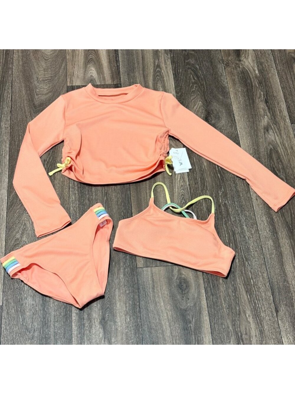 NEW Three-Piece Girls L 10/12 Swim Set Long Sleeve Rash Guard Bikini & Top Peach